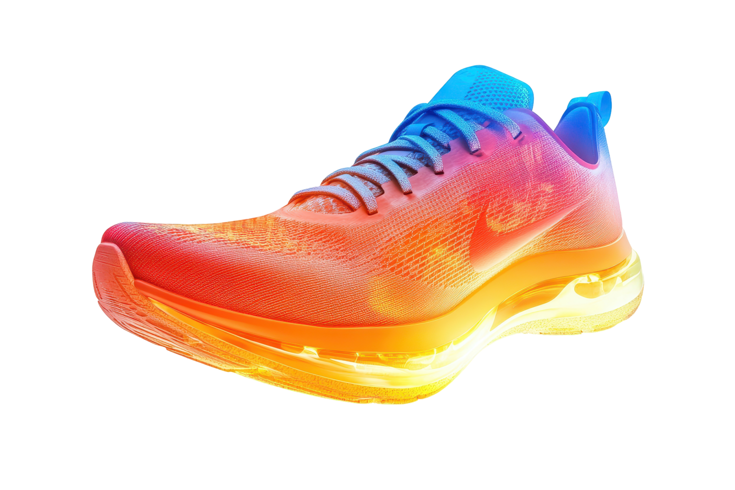Colorful running shoe design against black background. png