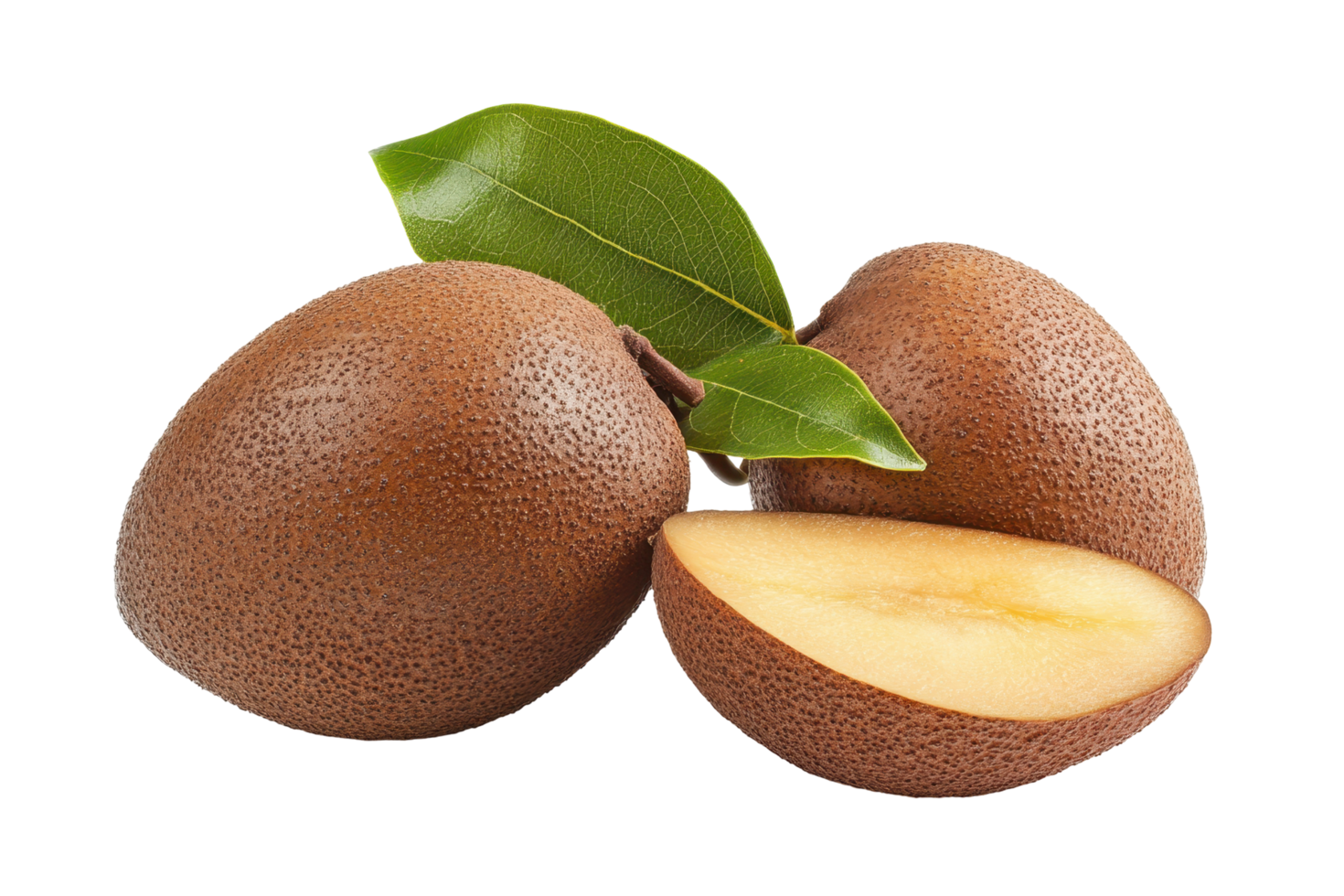 Close-up view of two whole and one sliced exotic fruits. png