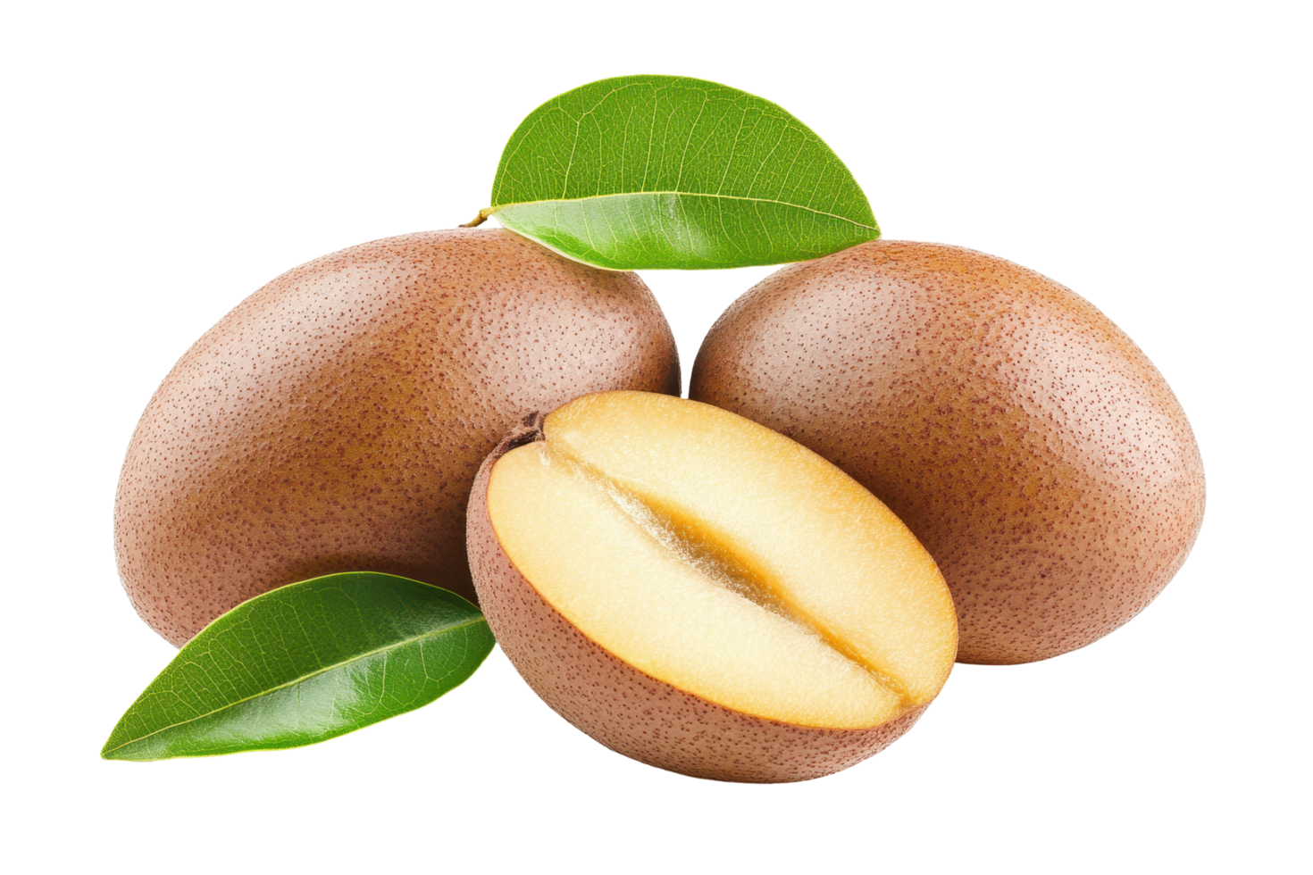 Fresh, whole and sliced exotic fruit with leaves. png