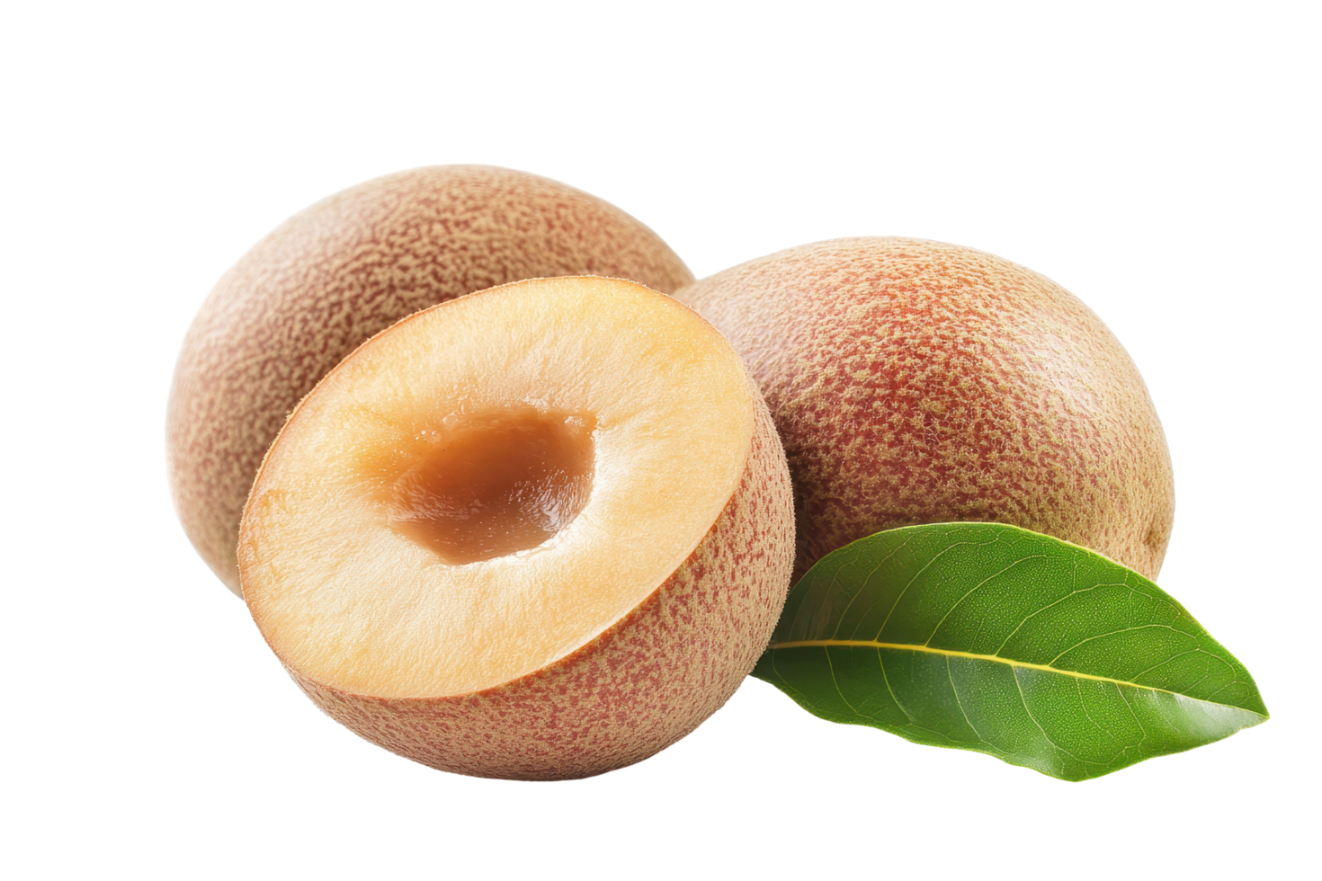 Close-up view of two sapodilla fruits, one halved. png