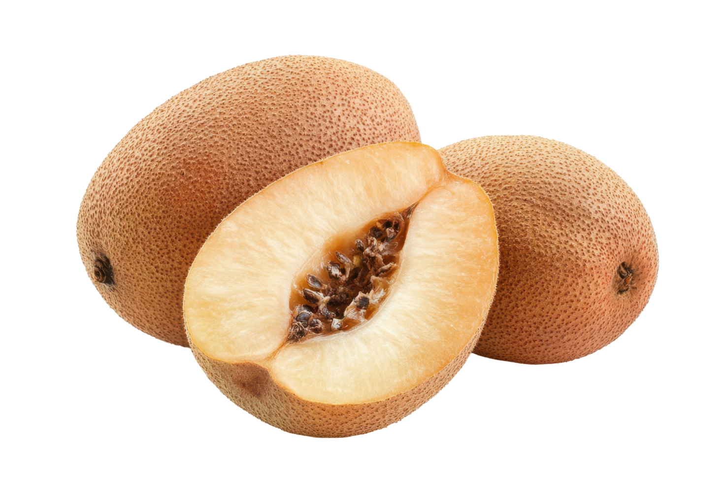 Close-up view of two whole and one half kiwi fruit. png