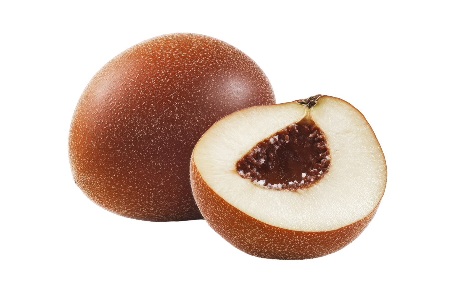 Two halves of a brown fruit with a dark interior. png