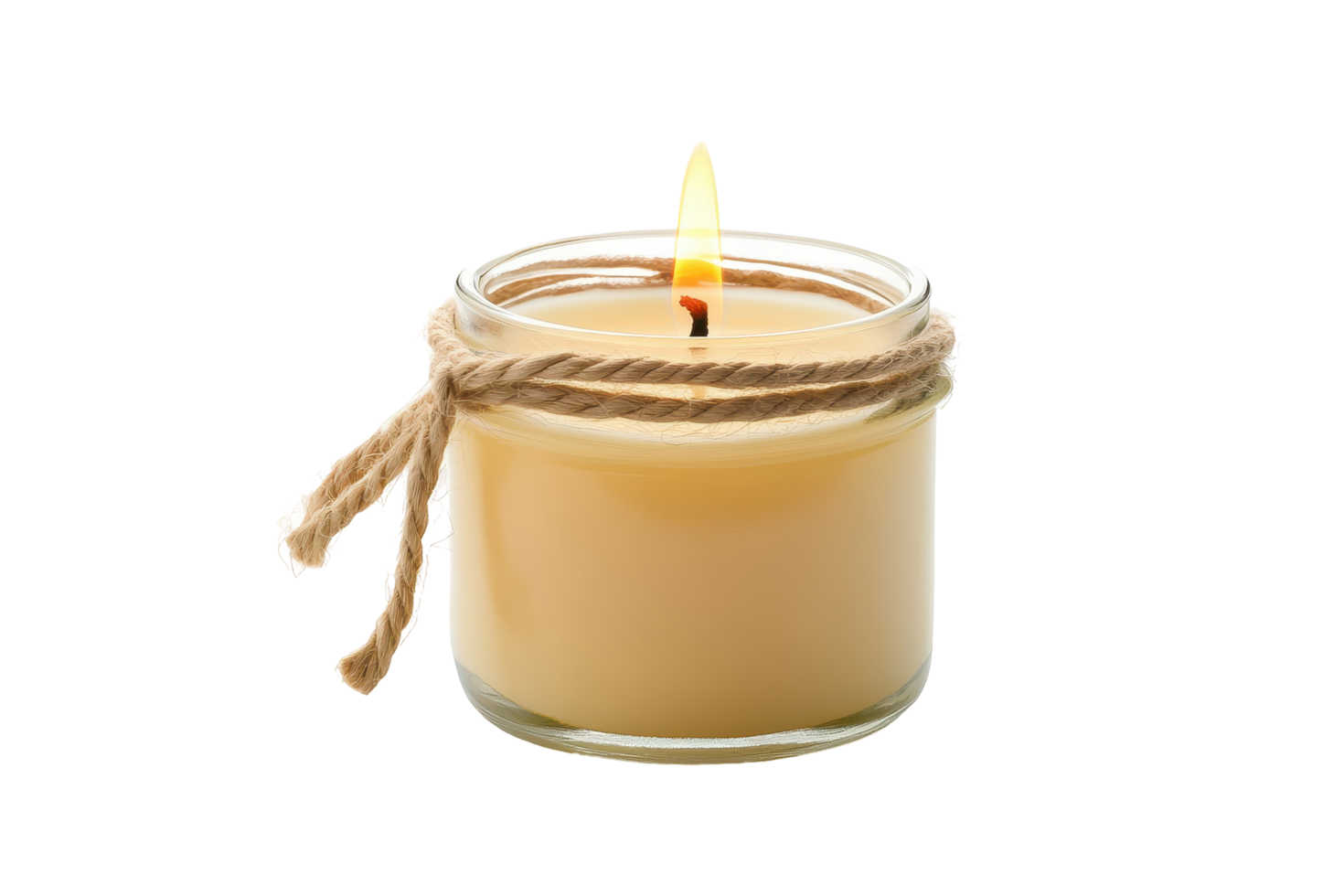 Close up of a small, lit candle in a glass jar. png