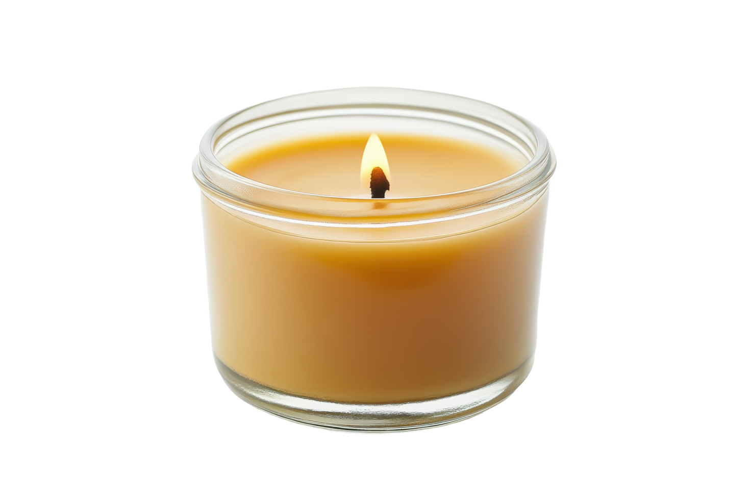 Single, round candle in clear glass container. png