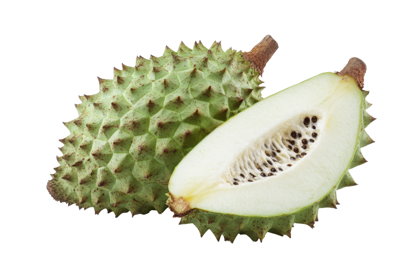 Two tropical fruits, a whole soursop and a sliced papaya. png