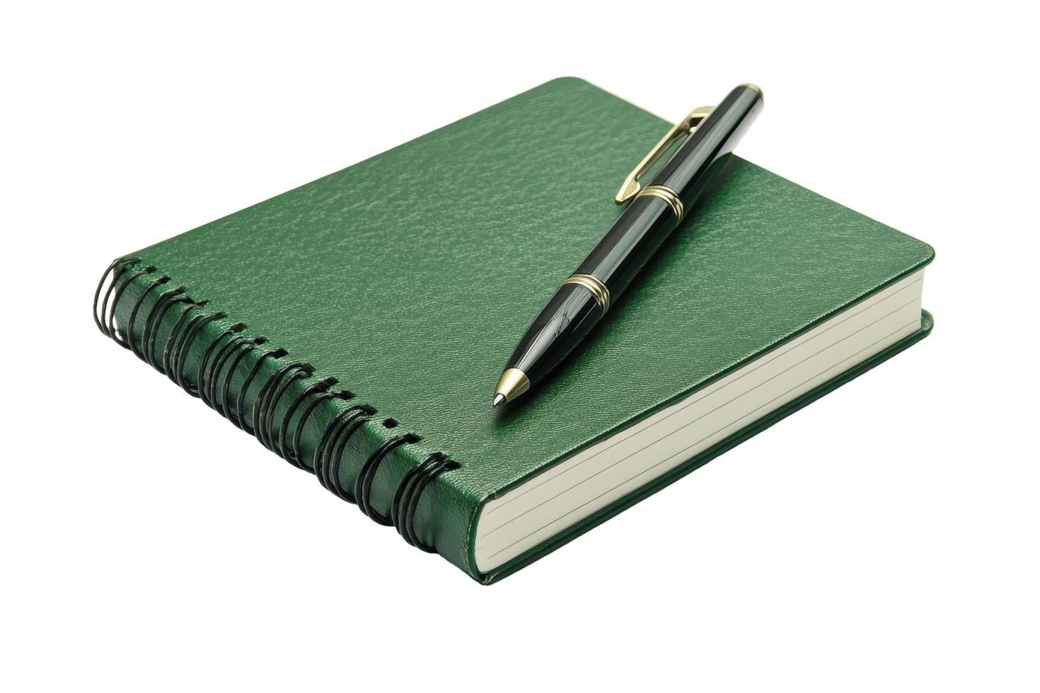 Closed green notebook with pen resting on top. png