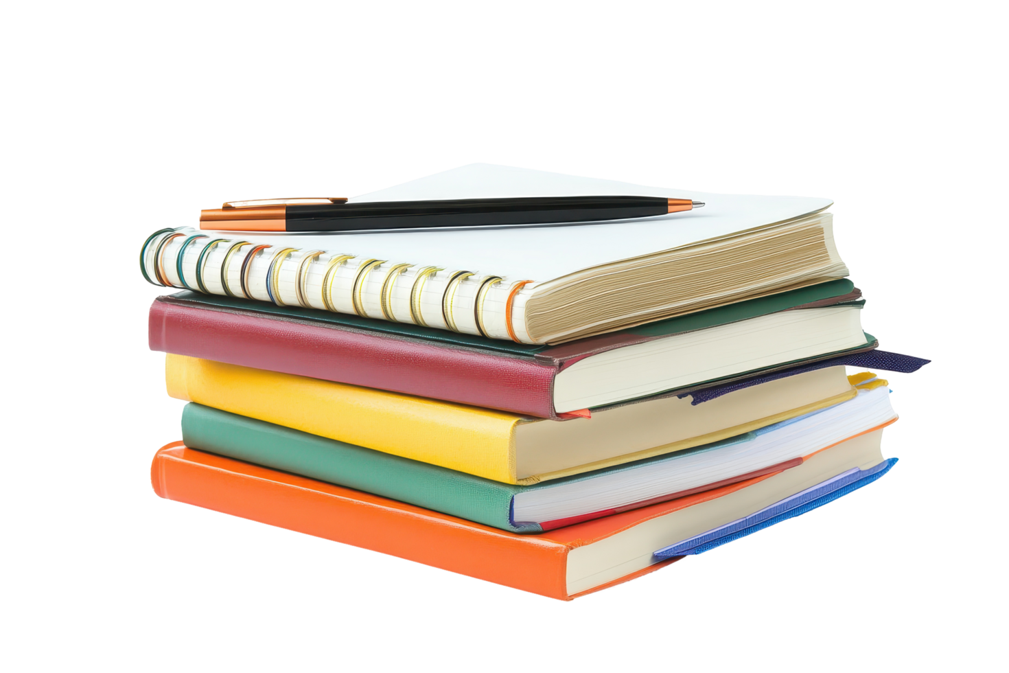 Stacked books and a pen on a white background. png