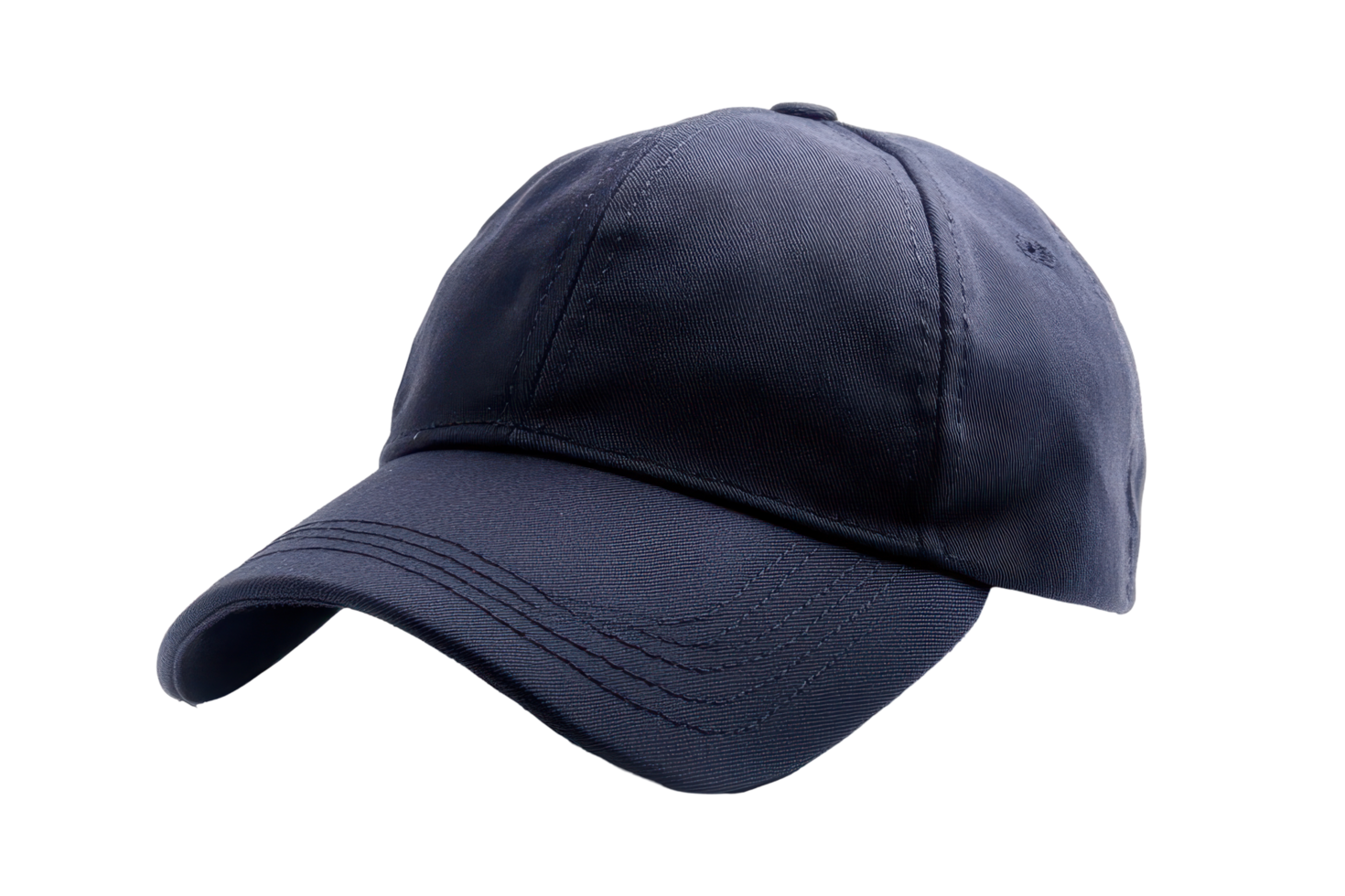 Dark navy blue baseball cap, angled view, shot. png