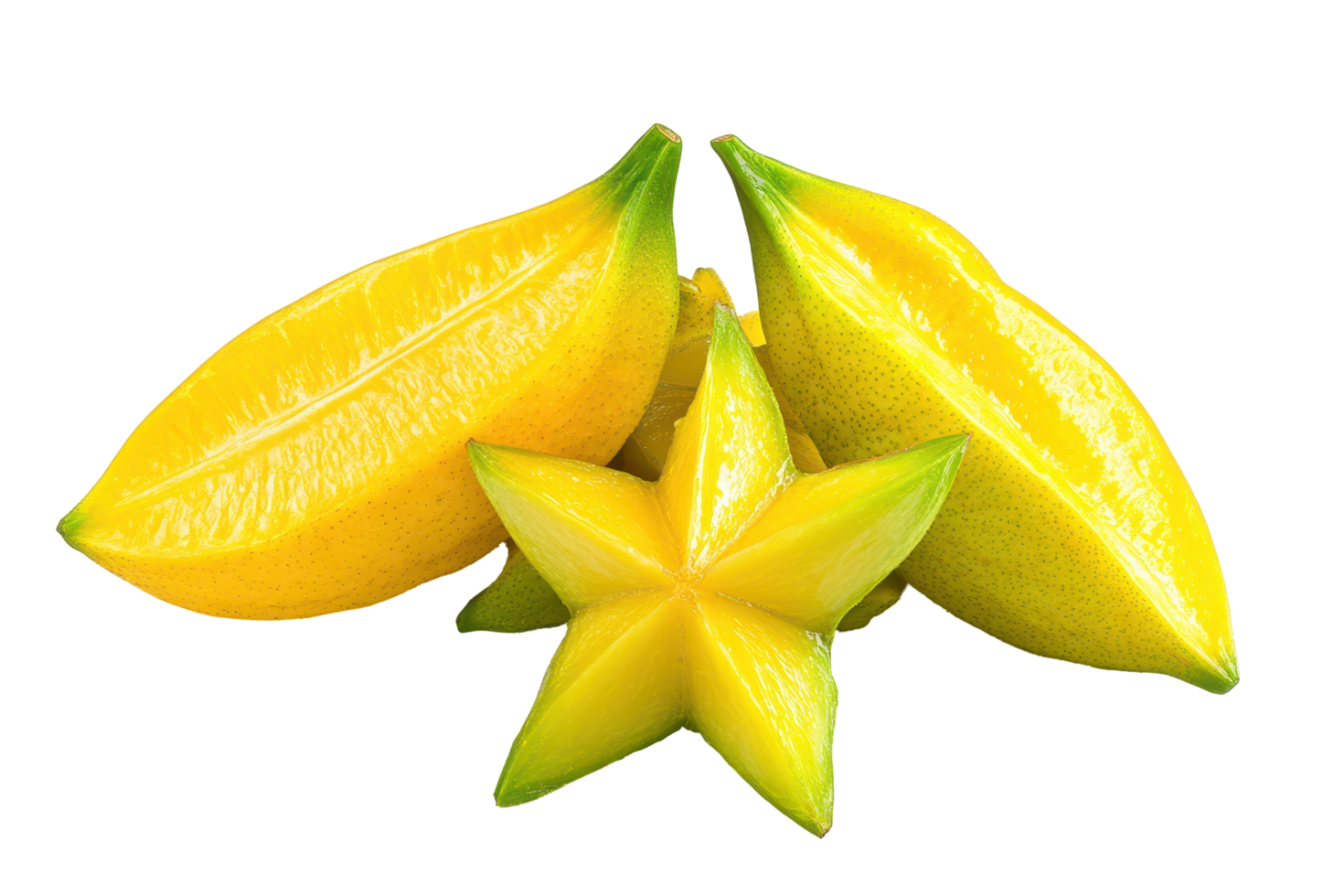 Close up view of vibrant yellow star fruit slices. png
