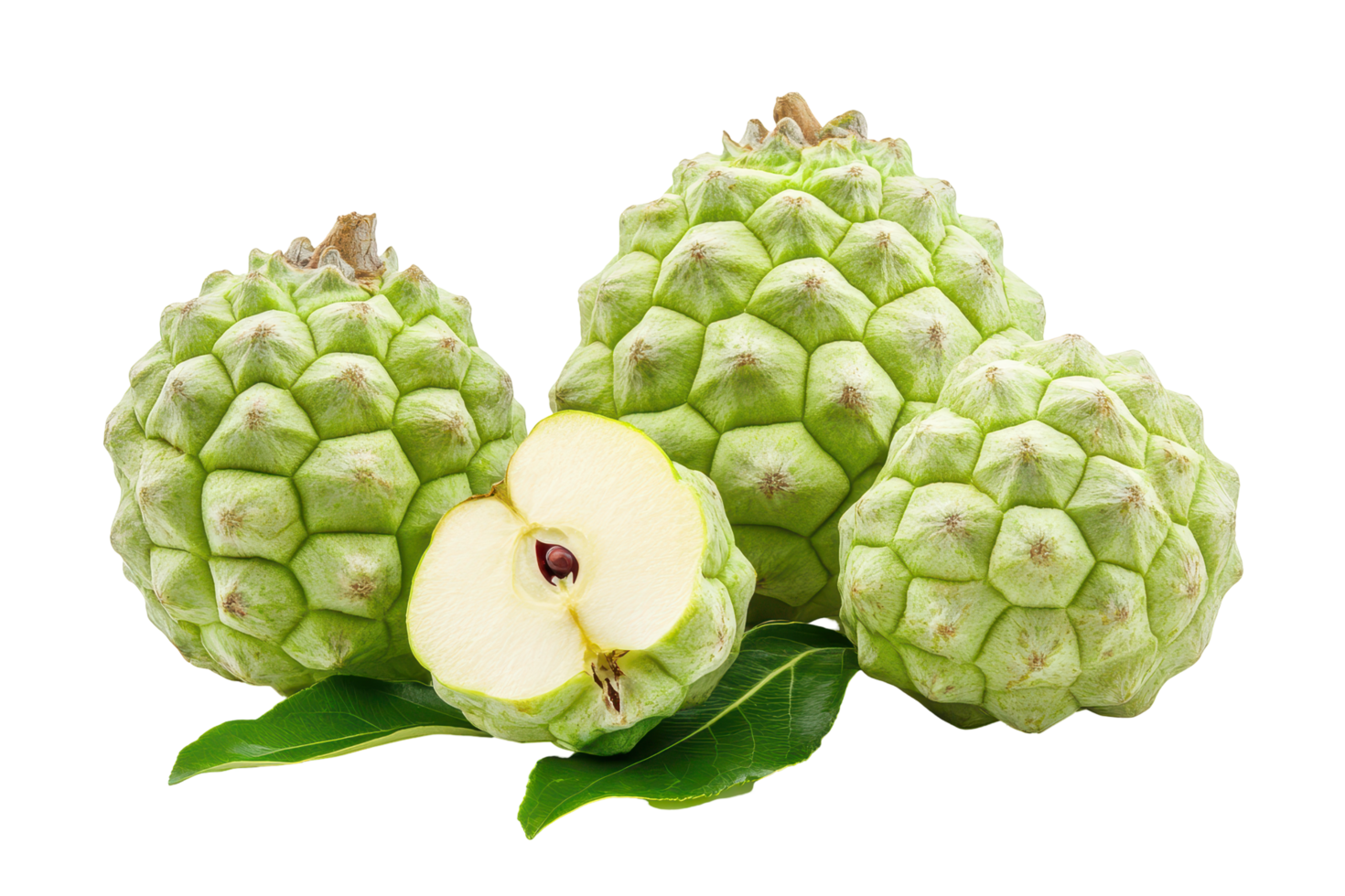 Close-up view of three exotic fruits and a sliced . png
