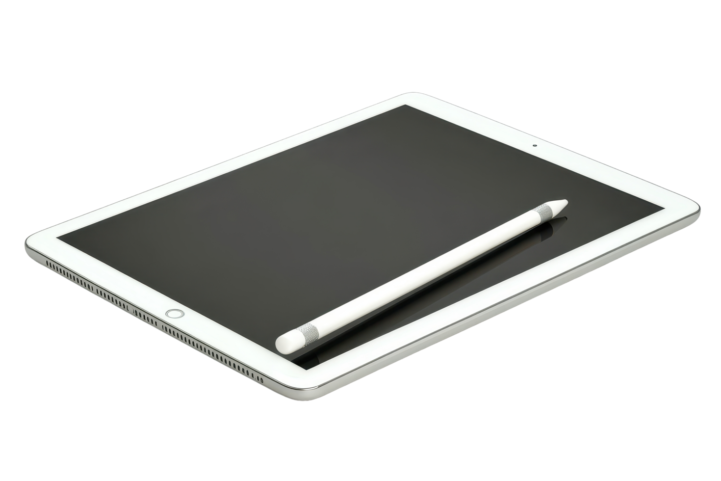Flat lay of a tablet computer and stylus on a dark background. png