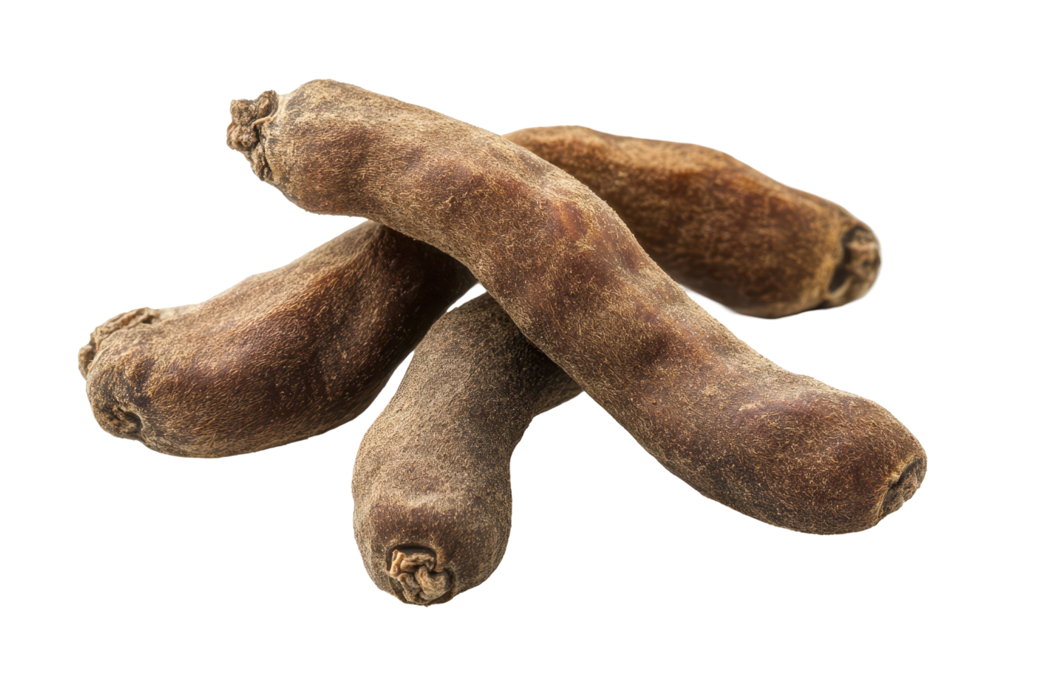 Close-up view of three pieces of dried, dark brown spice. png