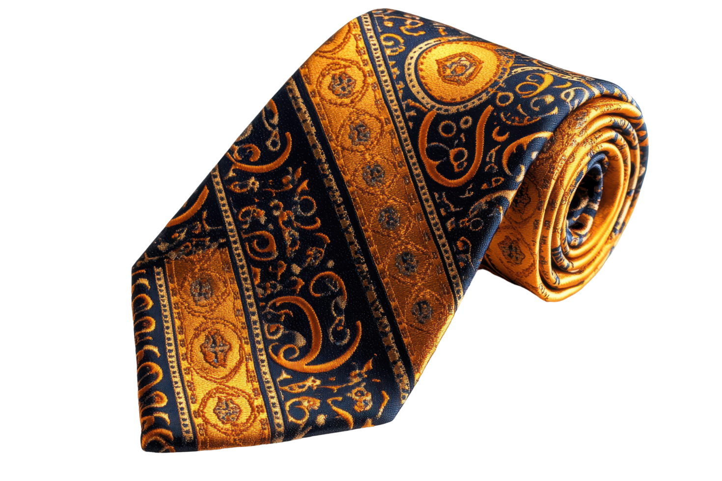 Ornate silk necktie with gold and navy patterns. png