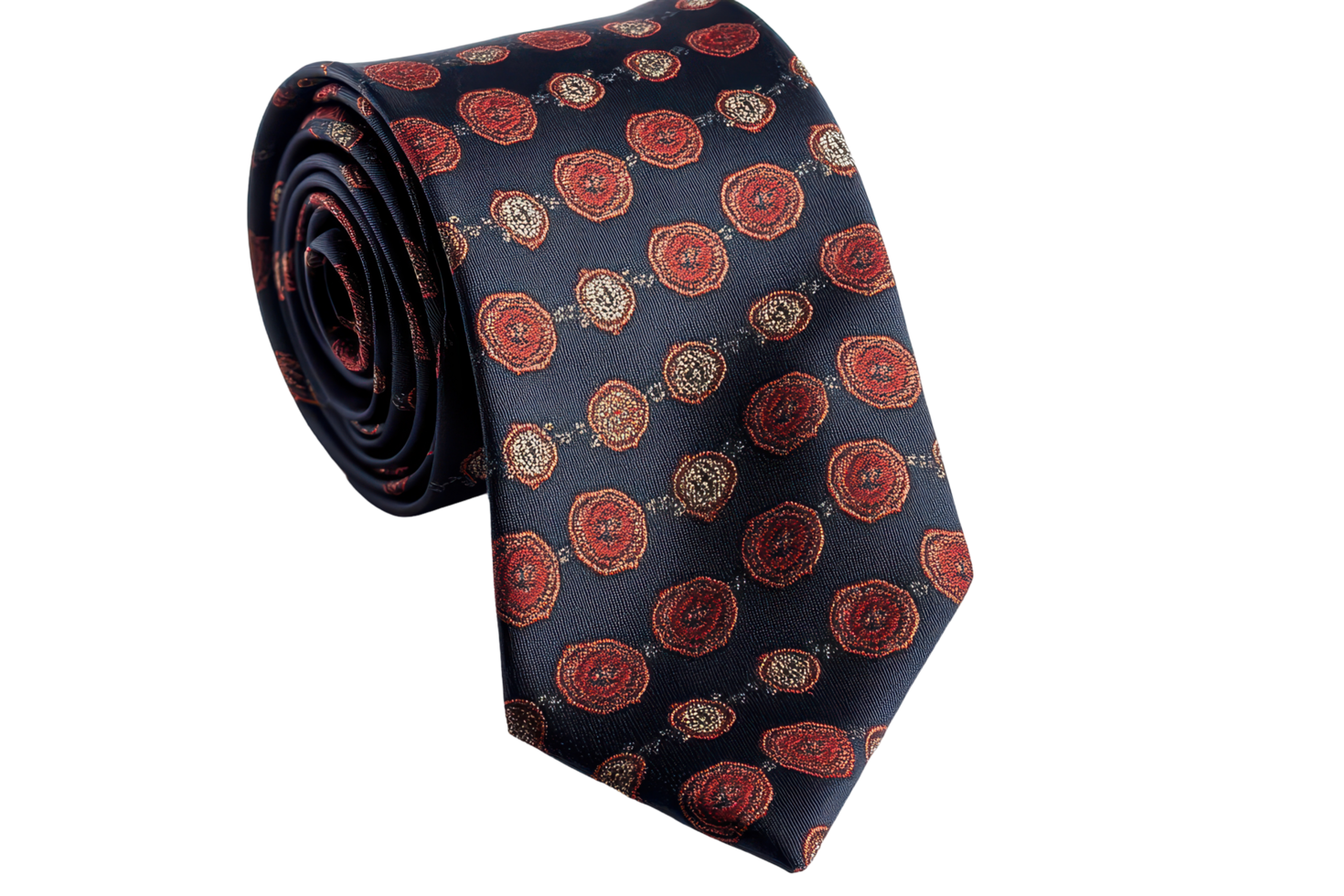Rolled navy blue tie with a repeating pattern of decorative flowers. png