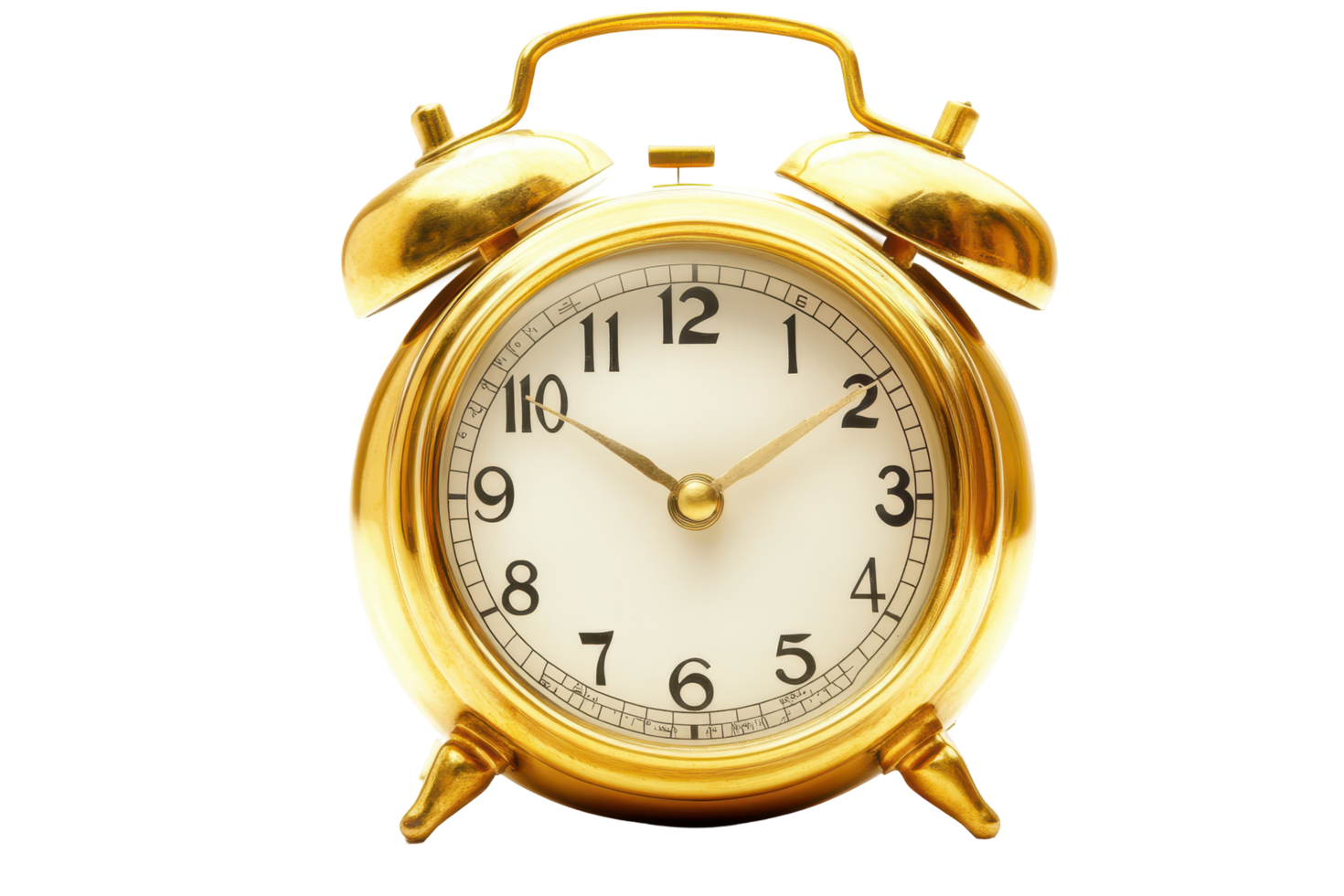 Golden antique alarm clock with time displayed. png