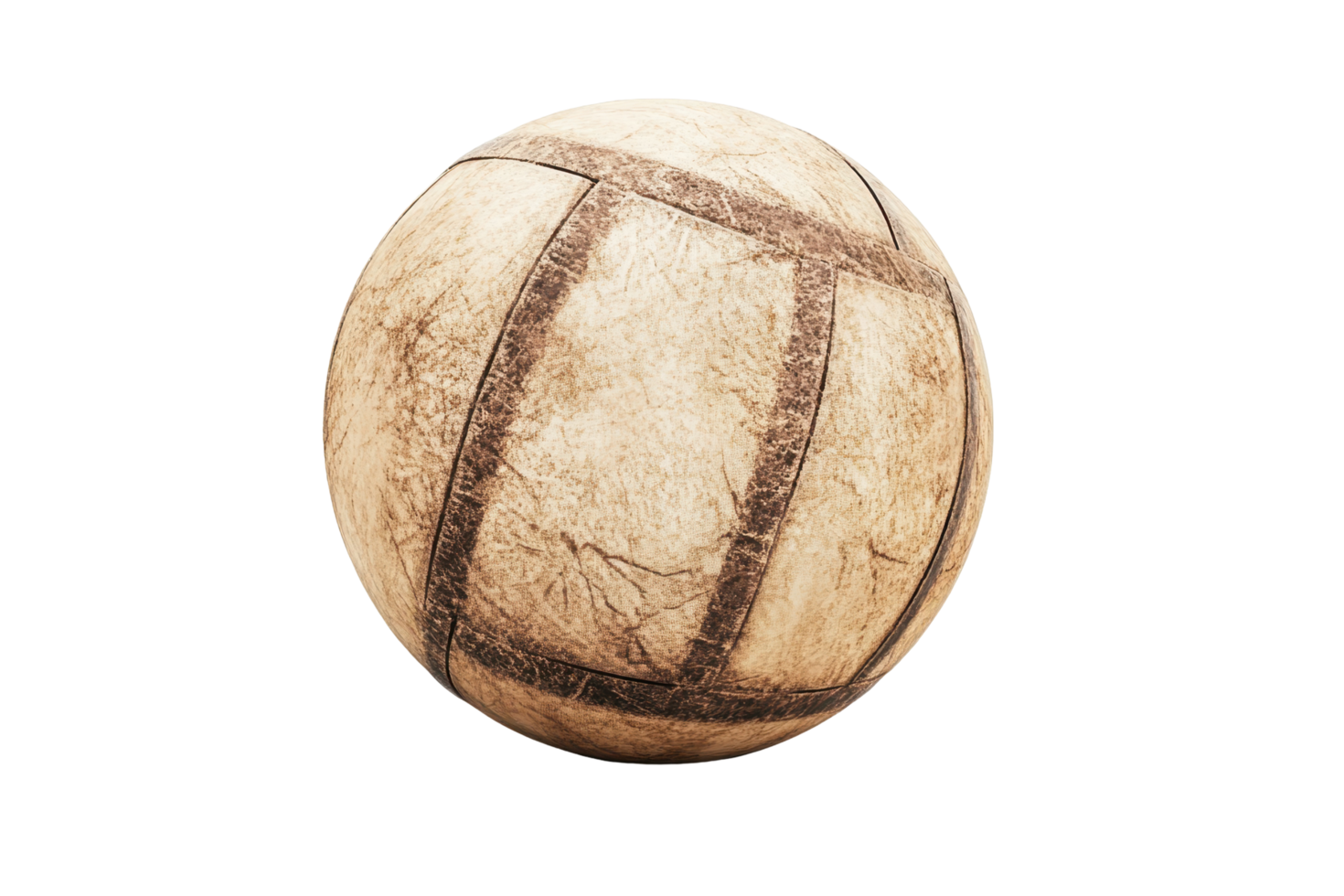 Aged, weathered sphere, vintage soccer ball, isolated on dark background. png