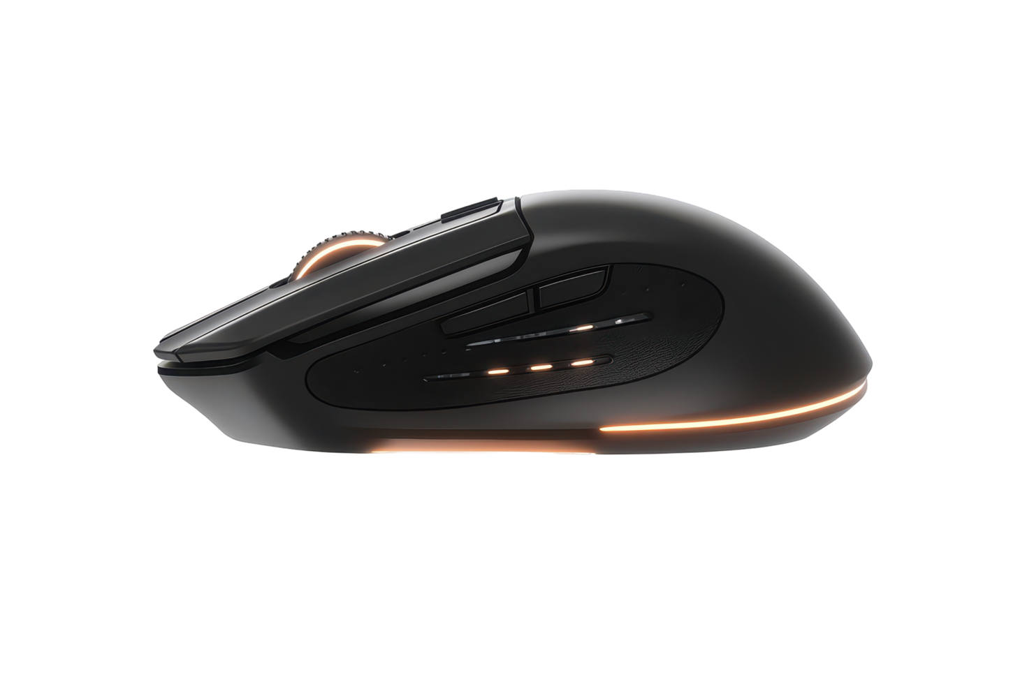 Modern wireless computer mouse in a dark color scheme. png