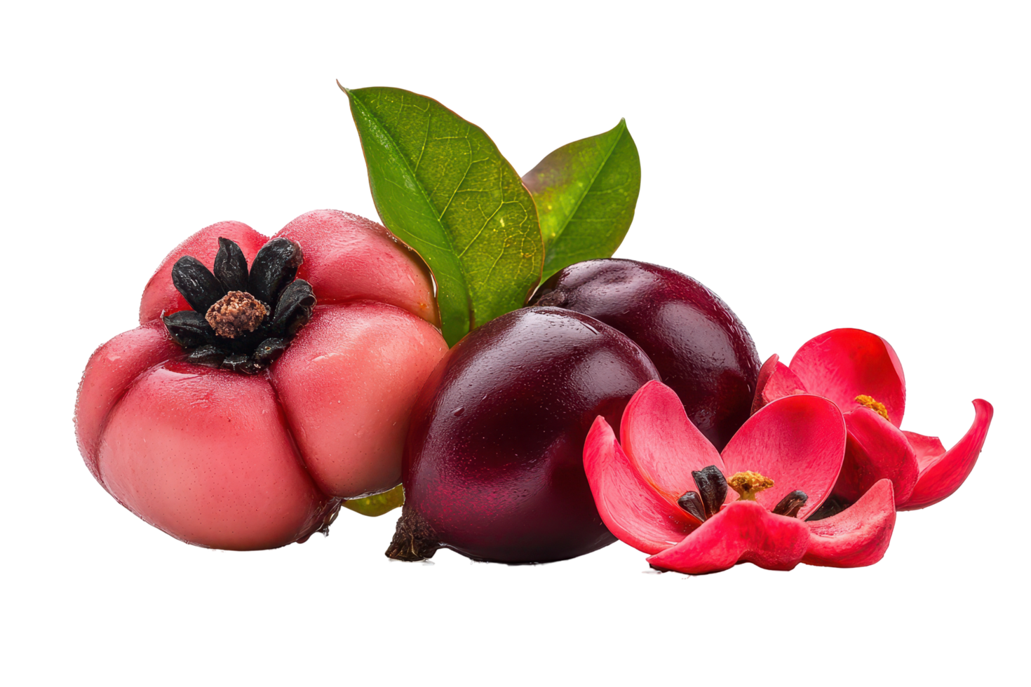 Close-up view of vibrant pink and red fruits and flowers. png
