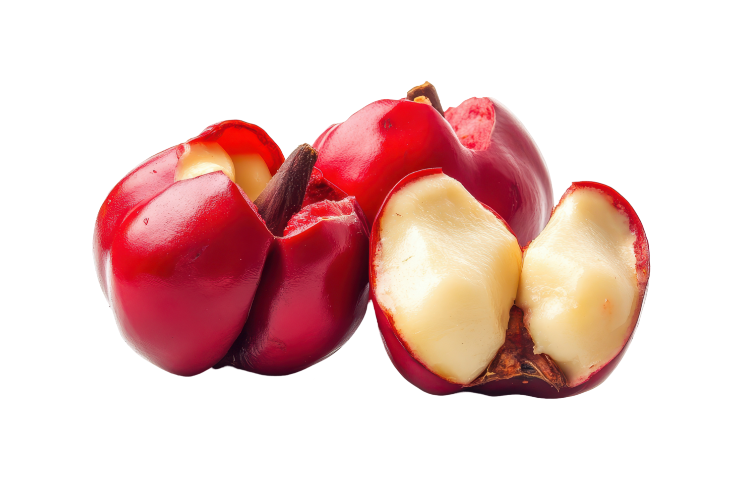 Close-up view of three vibrant red fruits with creamy interiors. png