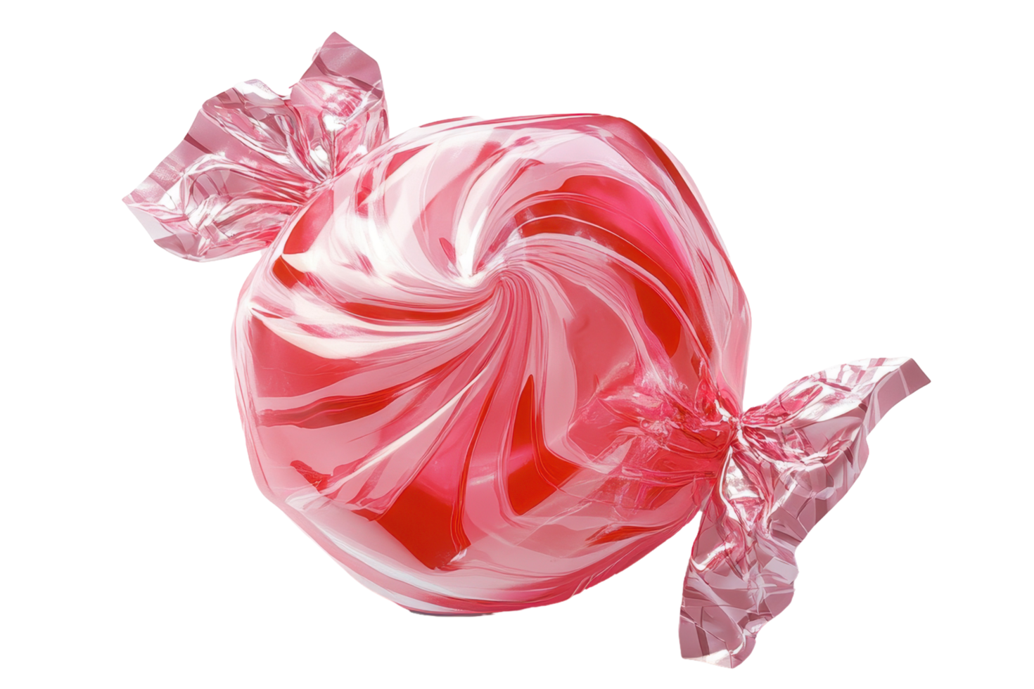 Close-up view of a round, swirled candy wrapped in clear plastic. png