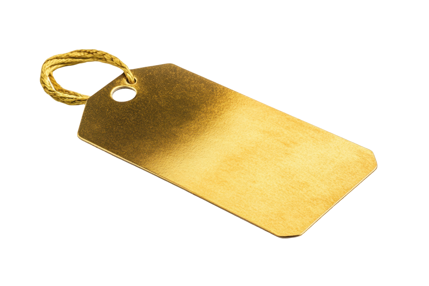 Gold colored tag with string, close up view. png