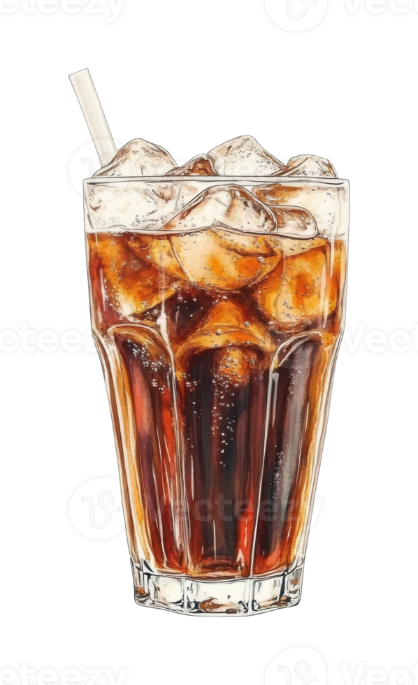 Refreshing iced cola drink with straw and ice cubes in a glass png