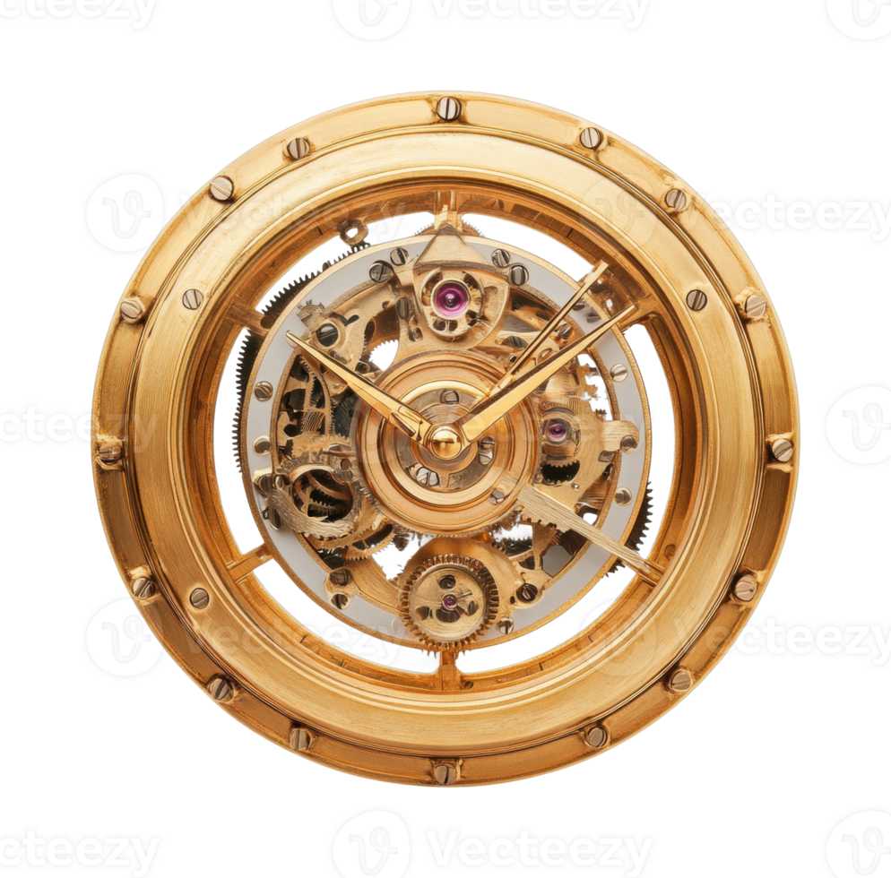 Intricate gold watch mechanism with gears and cogs png