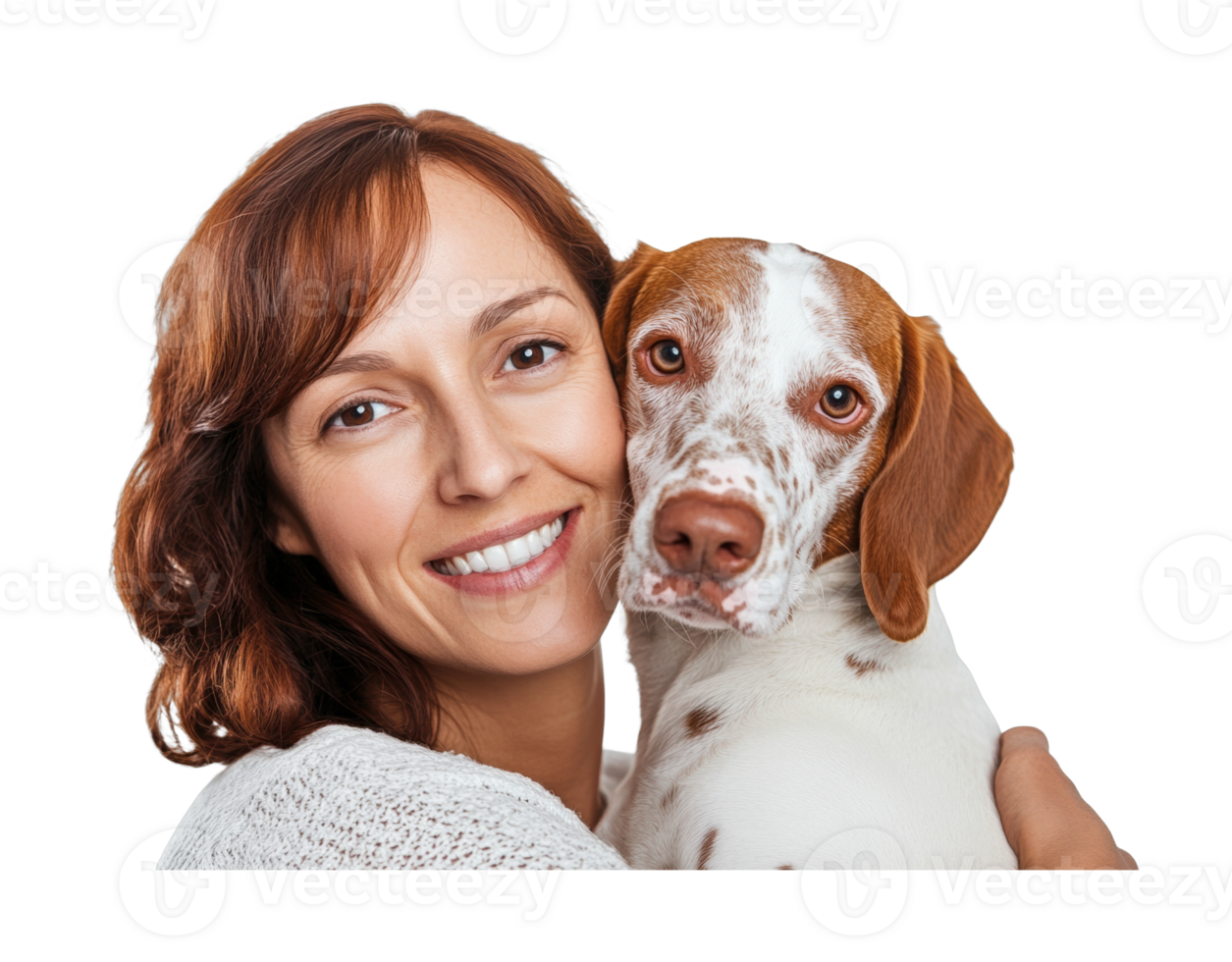 Smiling caucasian female adult embracing dog with brown and white coat png