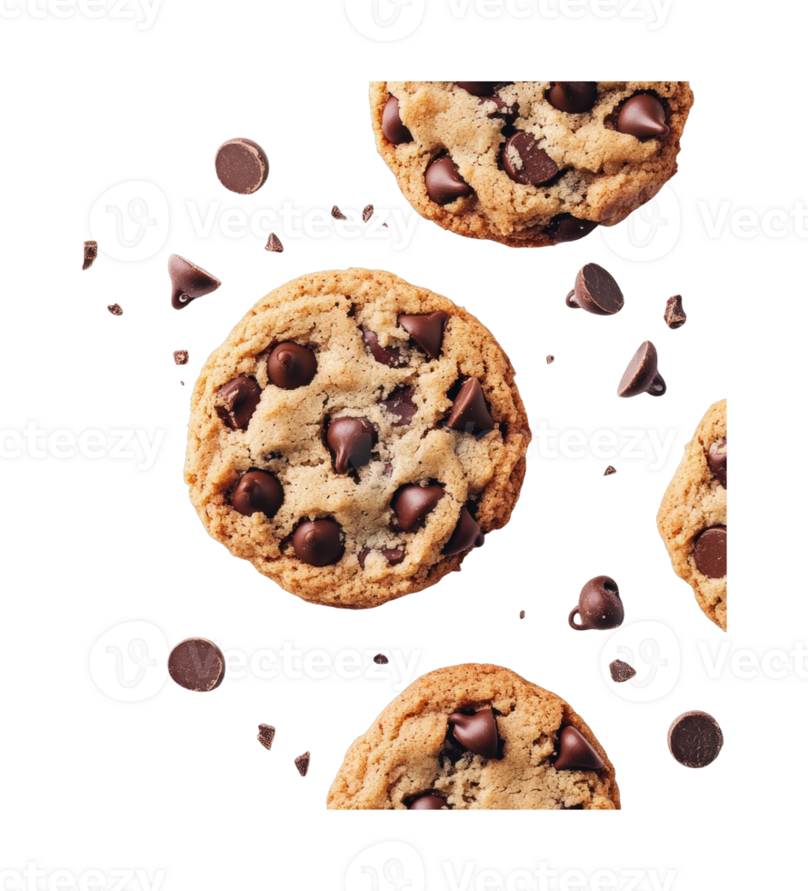 Close-up of chocolate chip cookies with scattered chocolate chips png