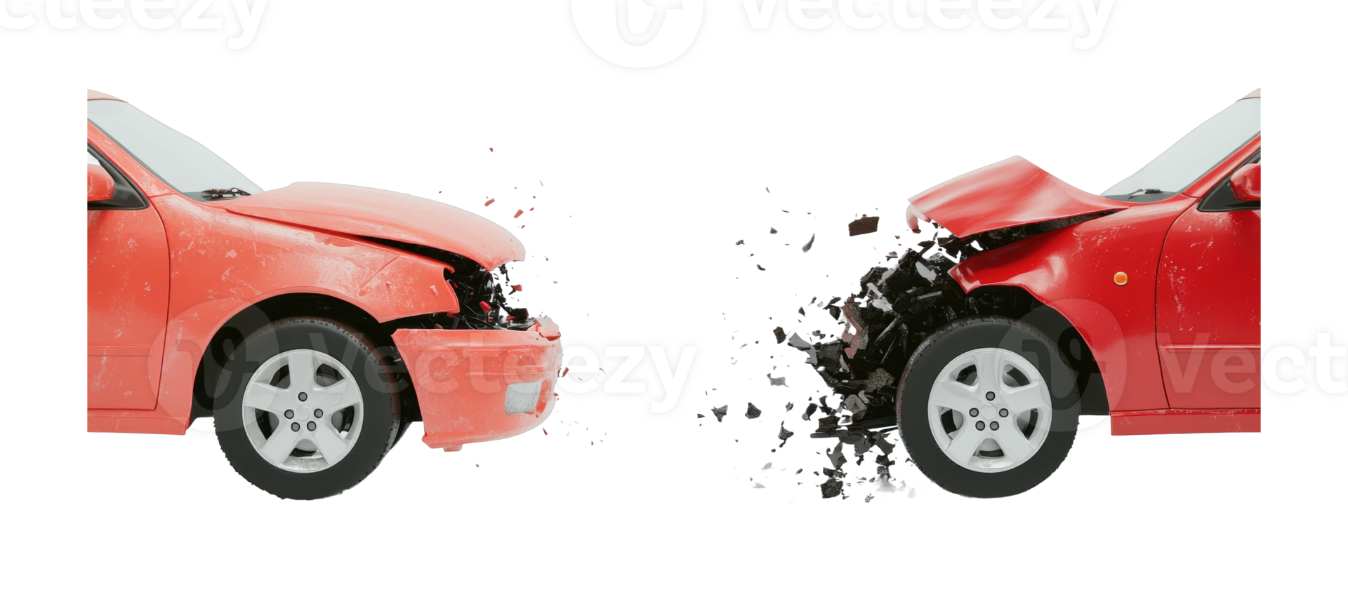 Two red cars in a frontal collision accident with visible damage and debris png