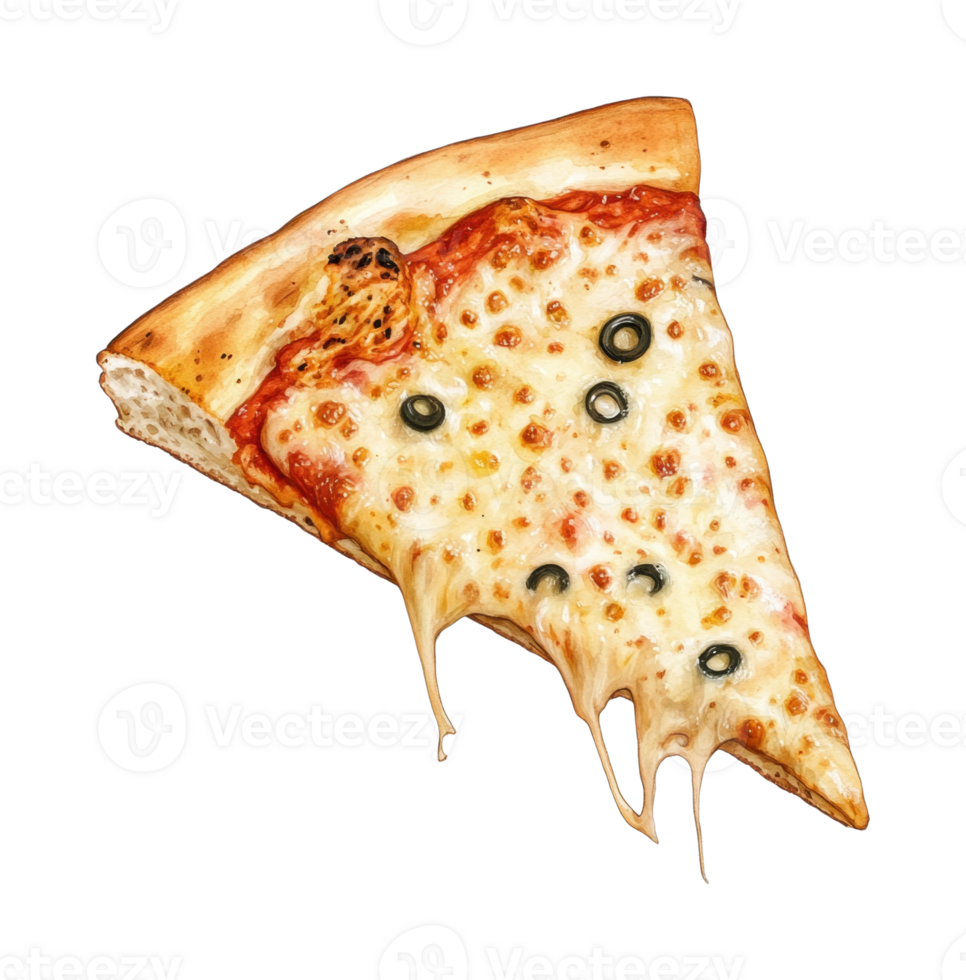 Cheesy pepperoni pizza slice with melting cheese and olives png