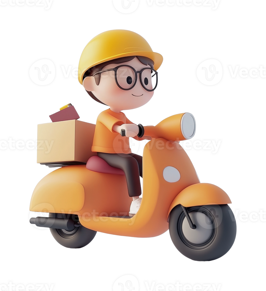 Cartoon character riding a scooter with delivery box and helmet png