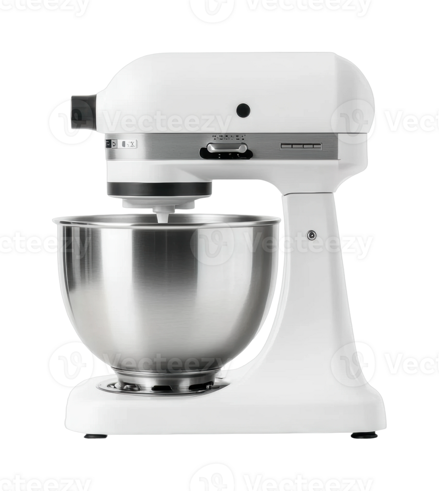 White stand mixer with stainless steel bowl for baking and cooking png