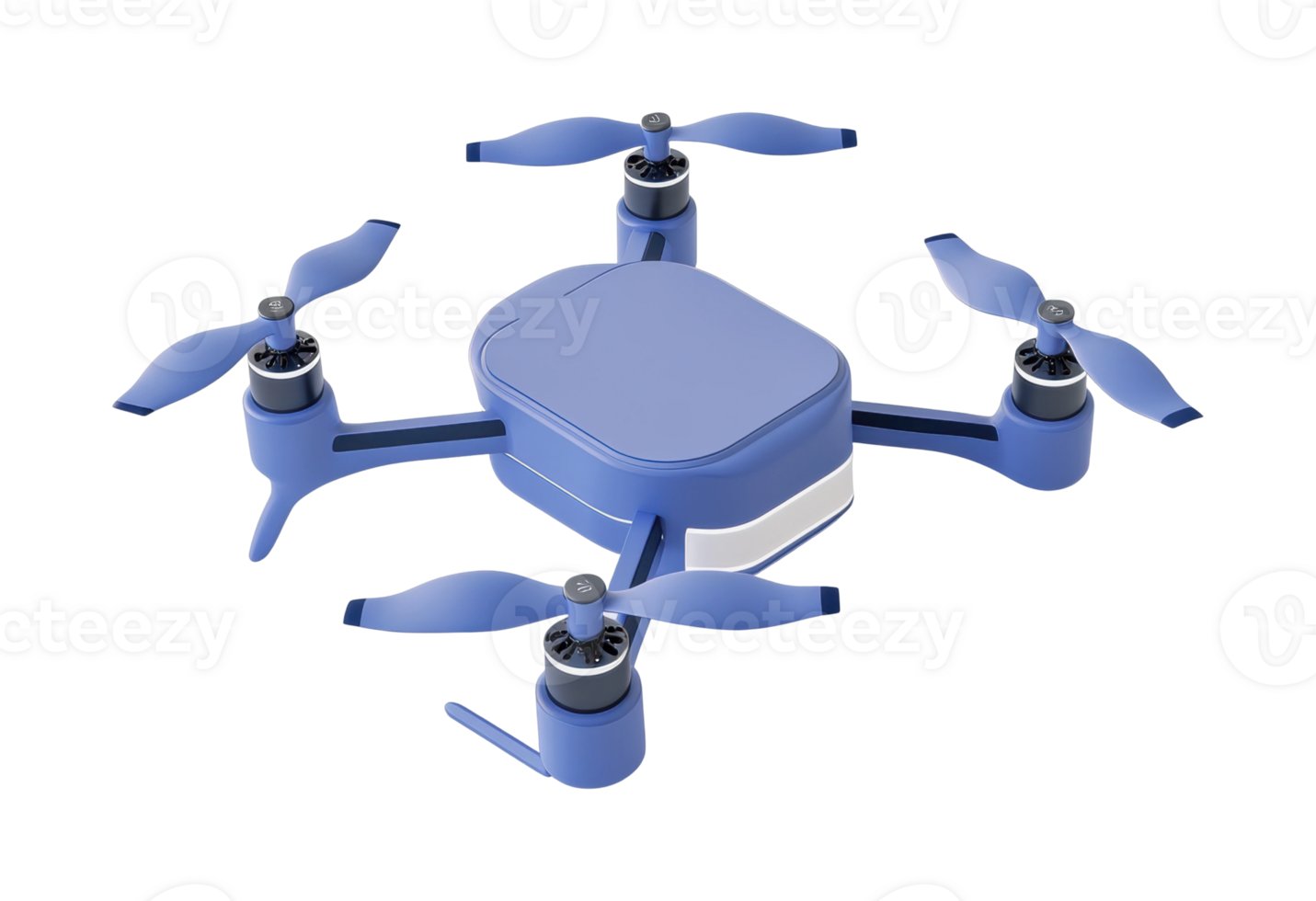 Blue quadcopter drone with four rotating propellers png