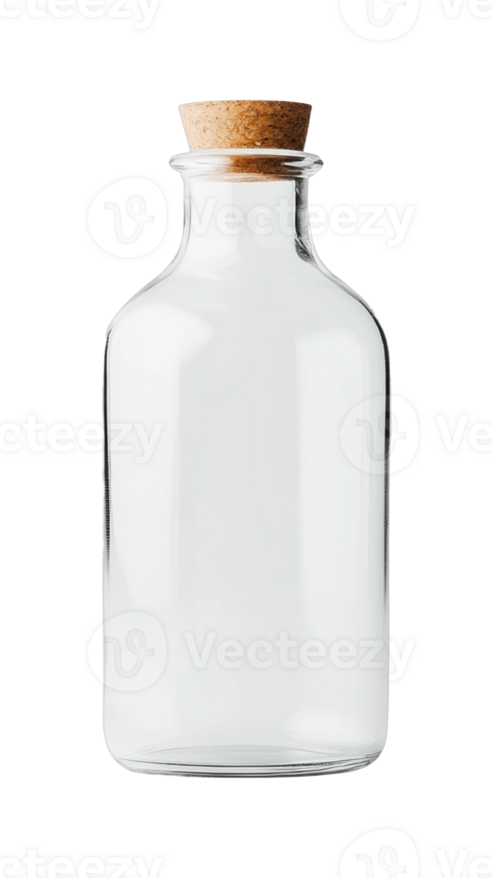 Clear glass bottle with cork stopper png