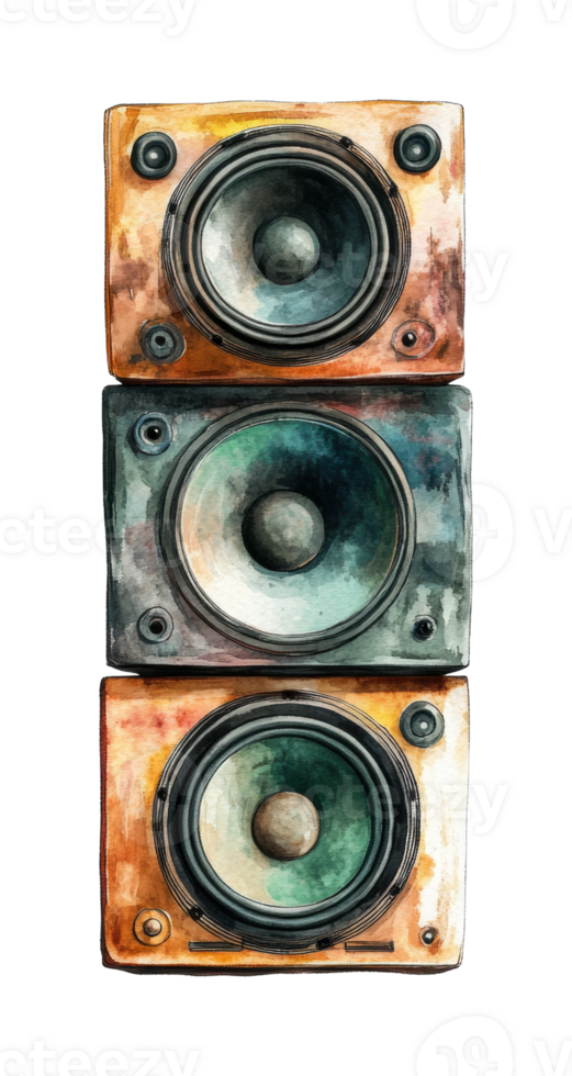 Abstract watercolor illustration of triple speakers in a vertical arrangement png
