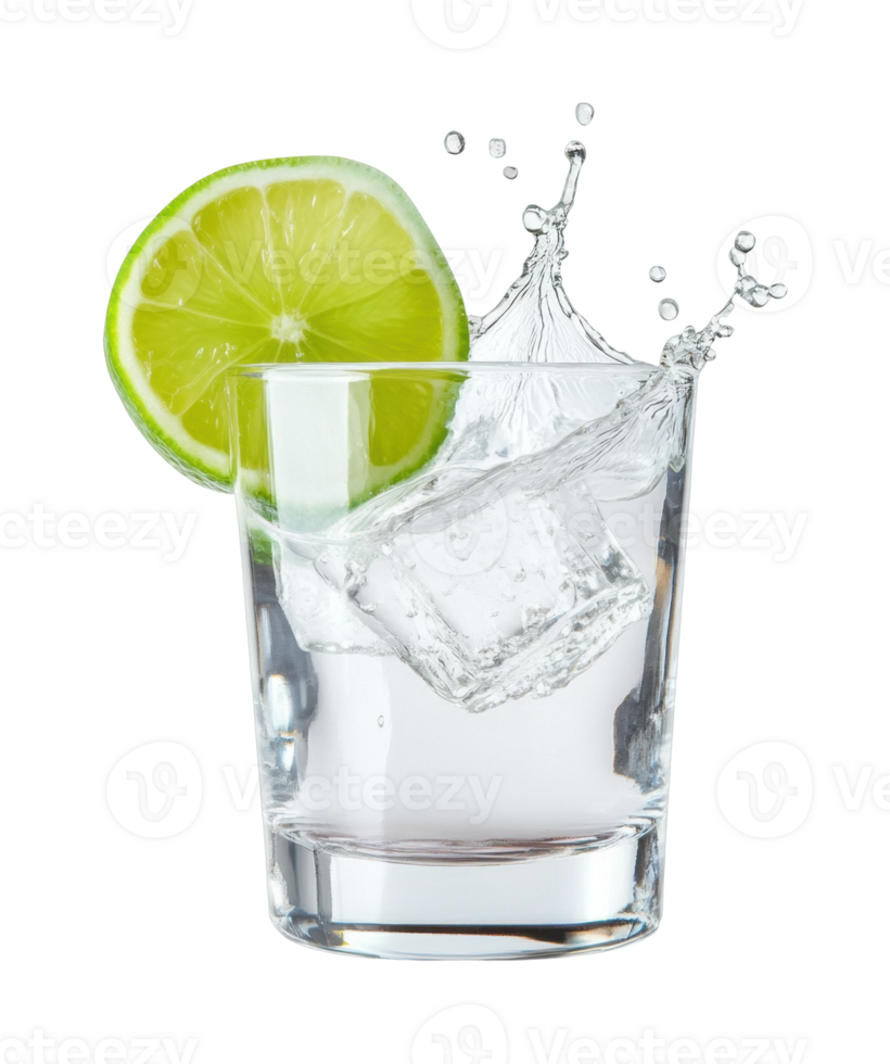 Refreshing splash of lime and ice in a clear glass png
