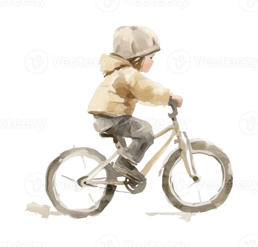 Young caucasian child riding bicycle with helmet in profile view png