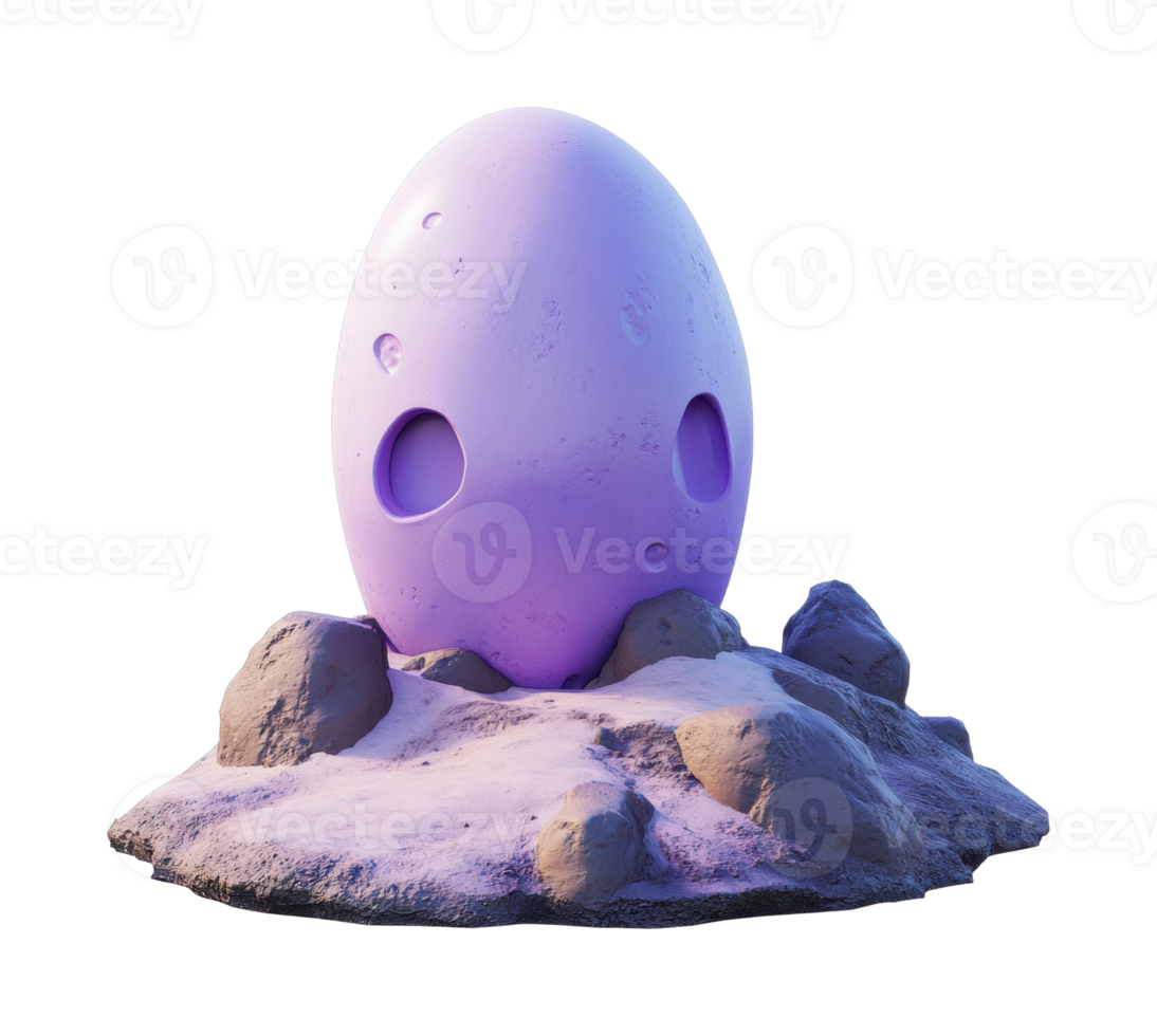 Futuristic purple egg sculpture on rocky terrain png