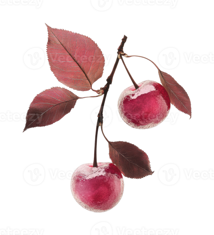 Frosted cherries with red leaves hanging from a branch png