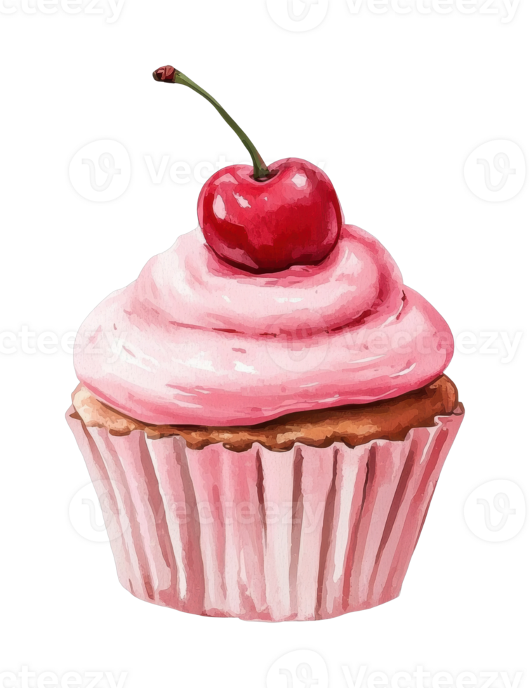 Cherry topped pink cupcake with frosting and muffin paper wrapper png