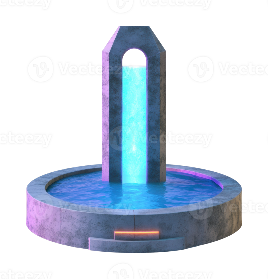 Futuristic water fountain with neon glow and circular basin png