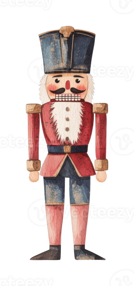 Classic wooden nutcracker soldier with red uniform and blue hat png