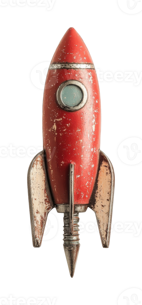 Vintage red rocket toy with weathered surface and retro design png