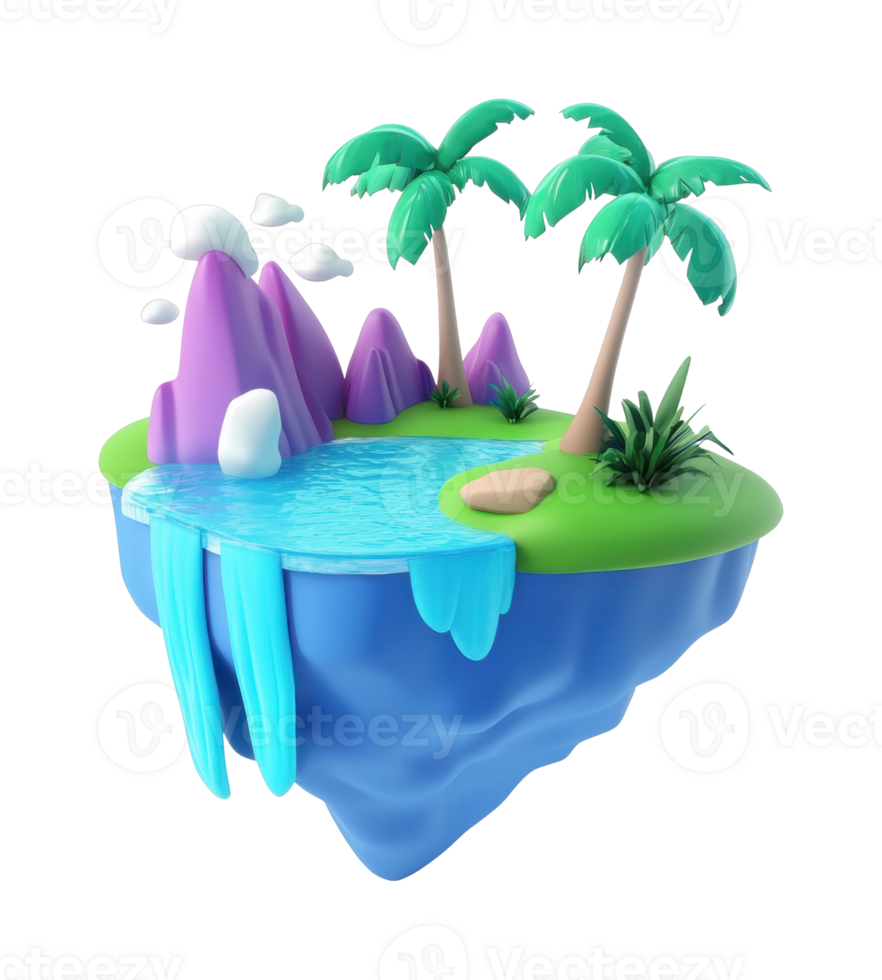 Floating tropical island with waterfall and palm trees png