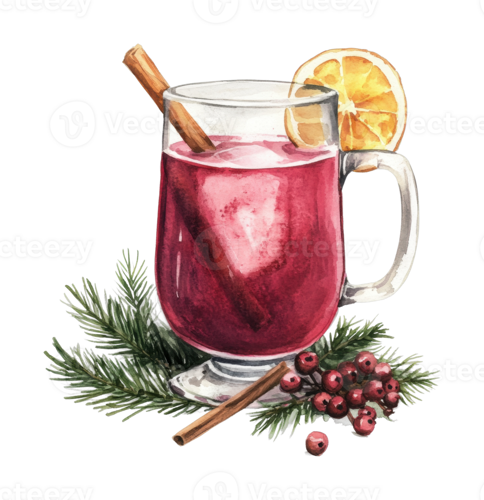 Festive warm mulled wine with cinnamon and cranberries in glass mug png