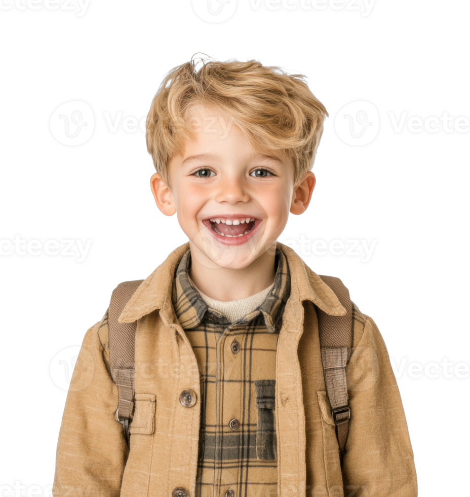 Smiling young caucasian male child with backpack and plaid shirt png