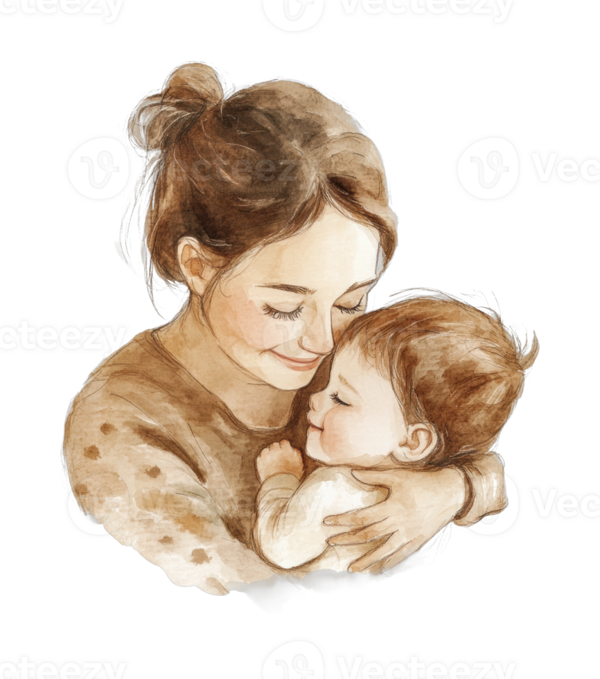 Caucasian female adult embracing child with affectionate smile in watercolor style png