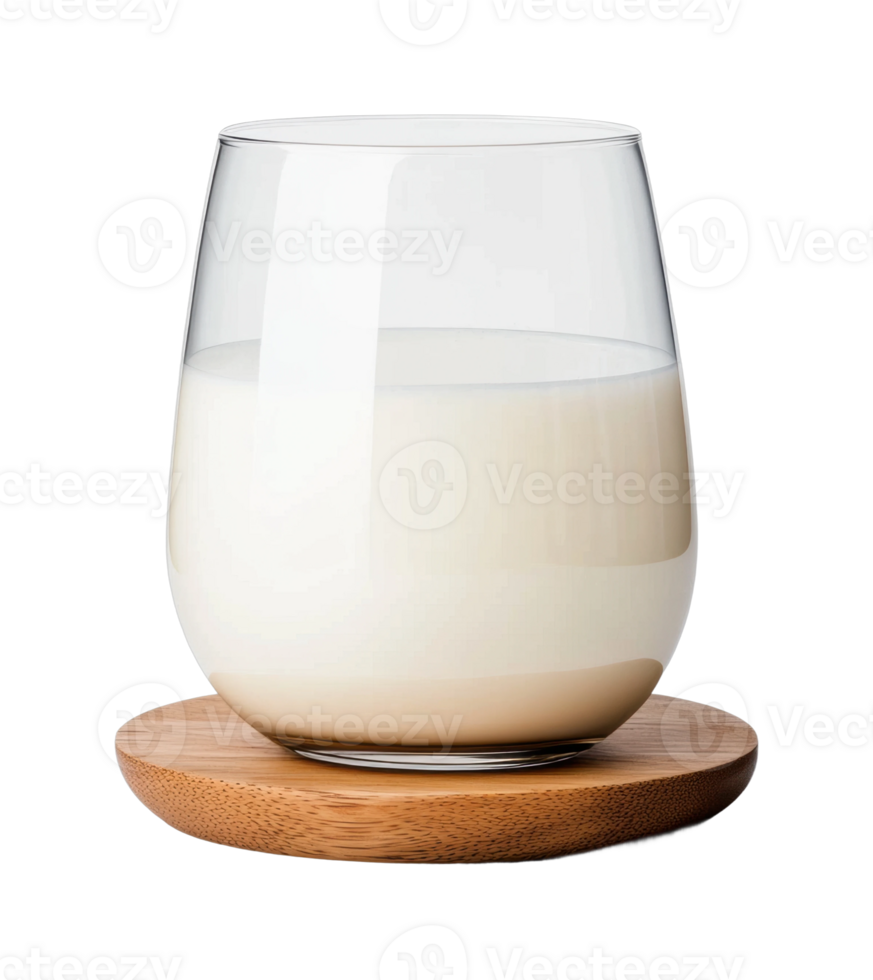 Glass of fresh milk on wooden coaster png