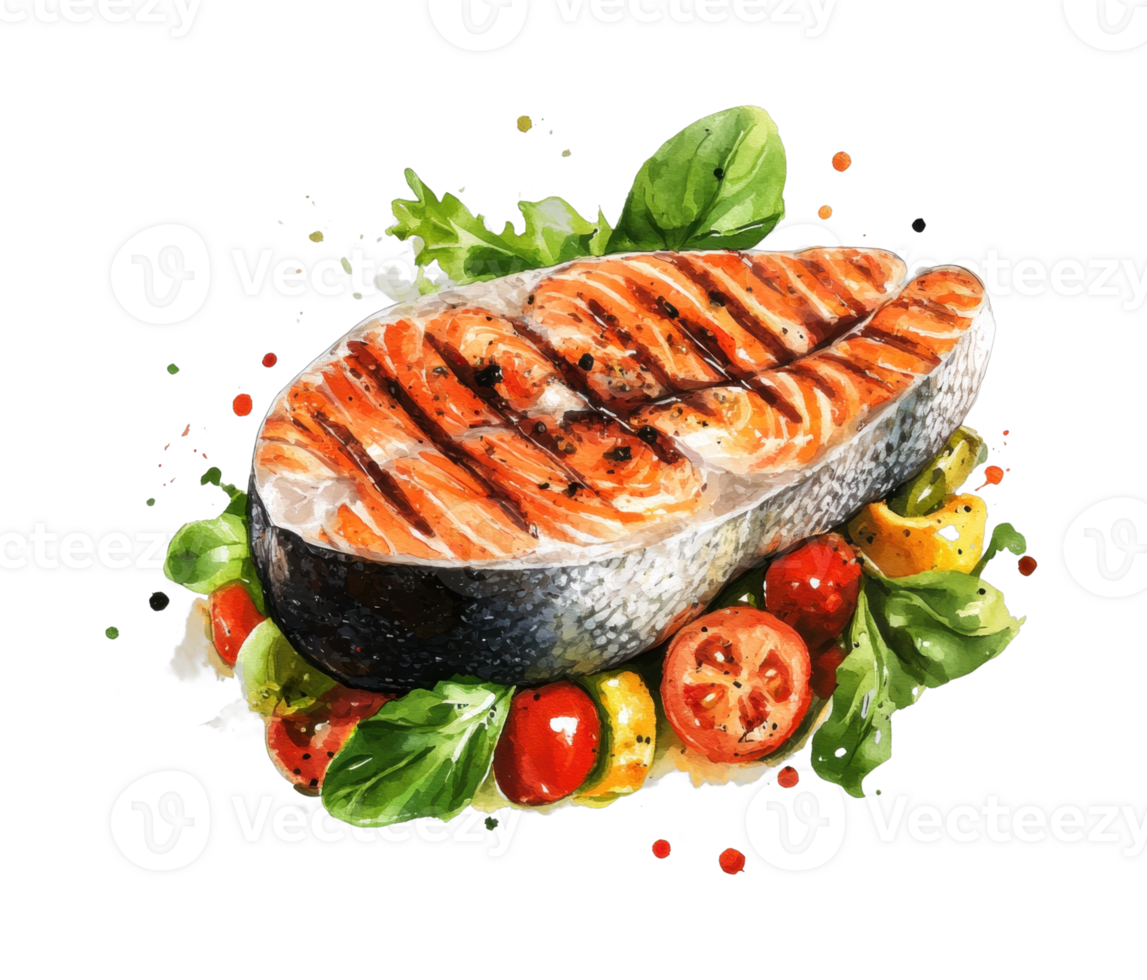 Grilled salmon with fresh vegetables and herbs png